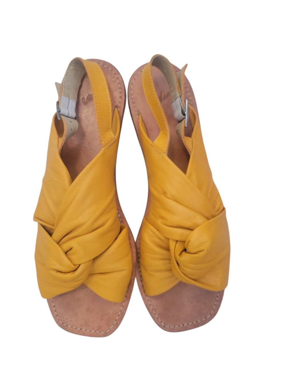 Velez Artisan Leather Knot Sandals Mustard Yellow Slingback Flat 38 Boho Resort - Picture 2 of 11